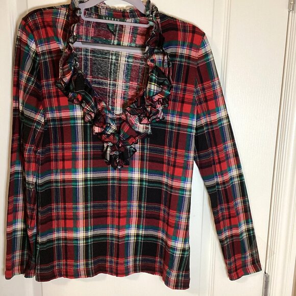 Lauren Ralph Lauren Women's Red Tartan Plaid Top Long Sleeve Blouse With Ruffles - Picture 1 of 8